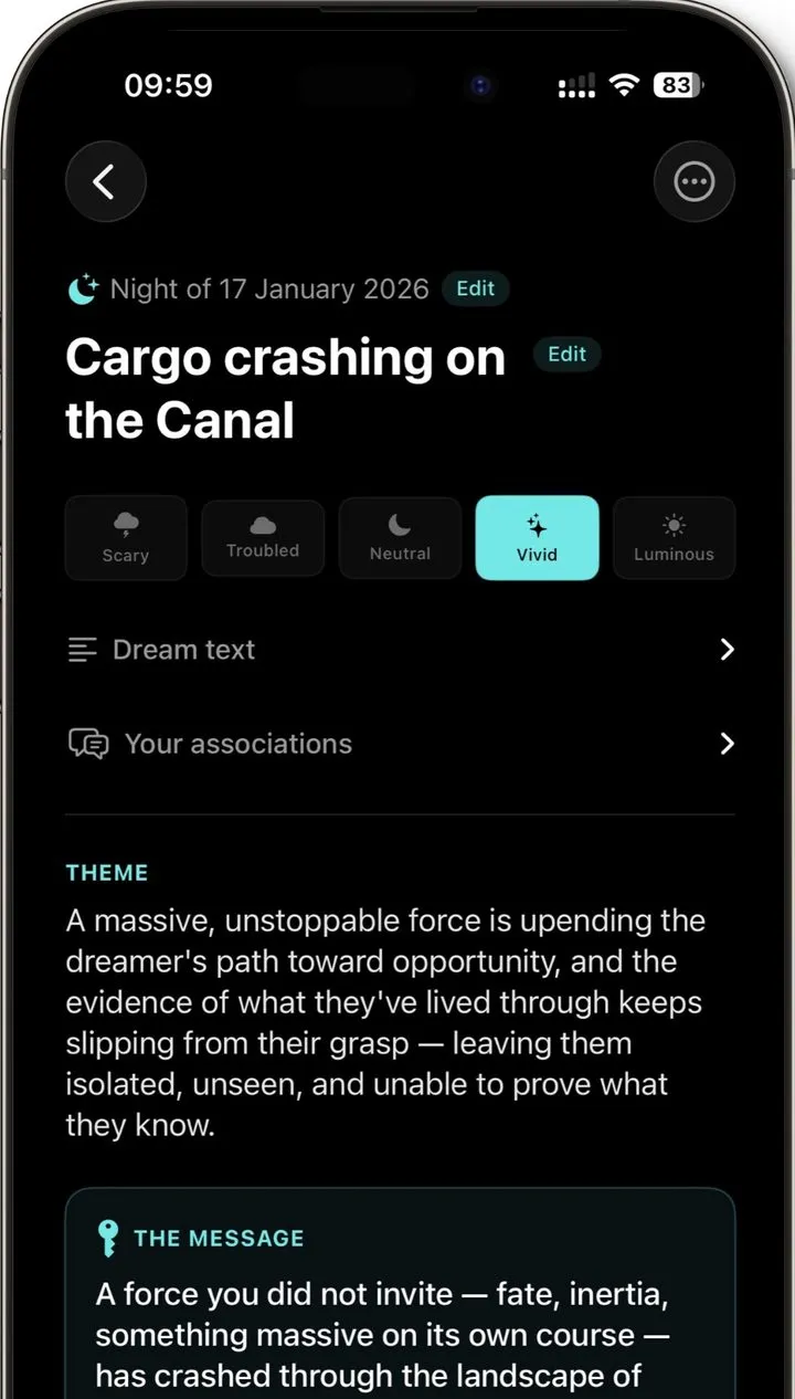 A decoded dream in Logic Dreaming, showing the theme and the condensed message.