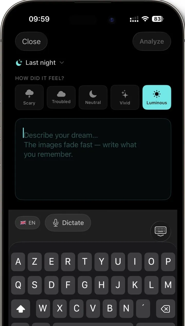 Recording a dream in Logic Dreaming: dictate or type it and tag how it felt, from scary to luminous.