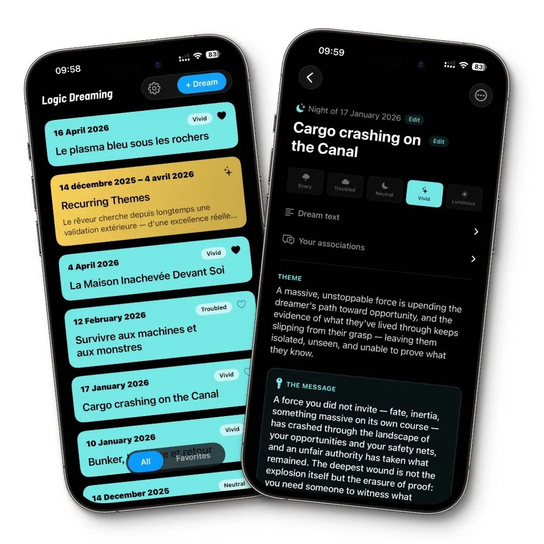 Two iPhones running Logic Dreaming: the dream journal with a gold Recurring Themes card, and a decoded dream showing its theme and message.